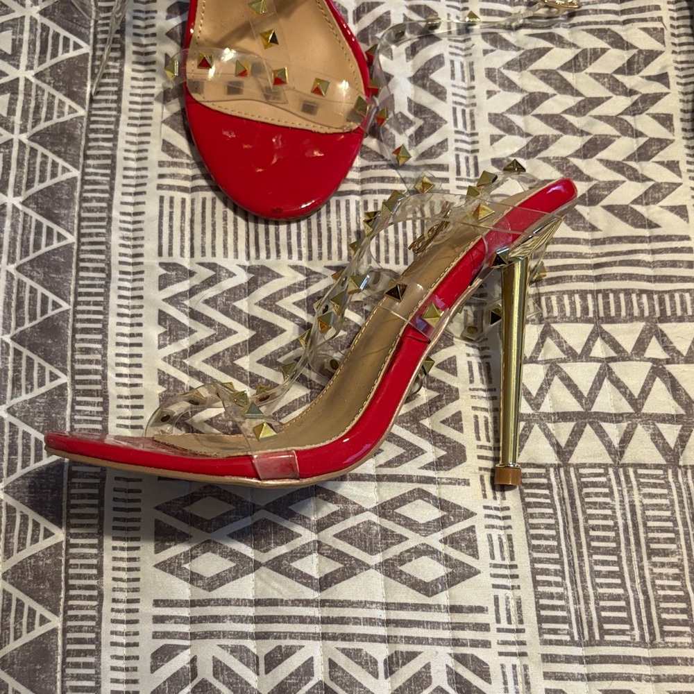 Fashion Nova Red and Gold Studded Heels